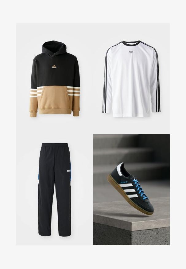 Hoody met een zwart bovenstuk en een beige onderstuk met witte gestreepte accenten op de mouwen, een kangaroo-zak en geborduurd logo.; Witte lange mouw shirt van zachte stof met zwarte accenten, met drie zwarte strepen langs de mouwen en een klein zwart logo.; Zwarte sportbroeken met een elastische tailleband, voorzien van blauwe en witte grafische accenten aan de zijkanten en een geborduurd logo.; Zwarte Adidas-sneaker met witte strepen, blauwe veters en een gumzool die boven een grijze betonnen trede zweeft in zacht licht.
