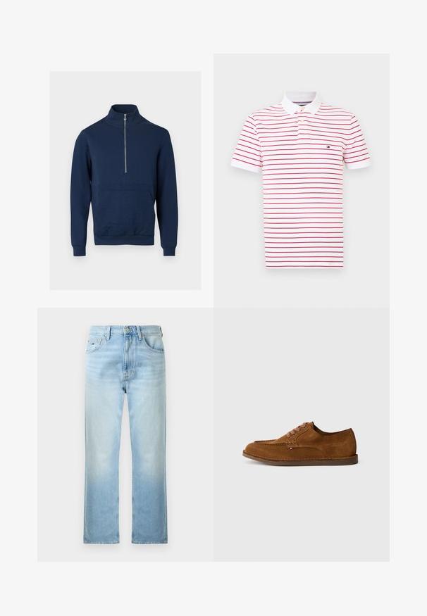 Sweat-shirt bleu marine avec un col montant et une fermeture éclair d'un quart. Présente un panneau texturé à l'avant ainsi que des poignets et un ourlet côtelés.; Polo en coton blanc avec des rayures horizontales rouges. Comprend un col classique, une patte de boutonnage à trois boutons et un petit logo sur la poitrine.; Jean bleu clair à jambes droites avec poches avant, passants de ceinture et fermeture par bouton sur fond blanc uni.; Chaussure en daim marron avec un bout arrondi, des coutures décoratives et six œillets de lacets contrastants. Semelle plate et design minimaliste.