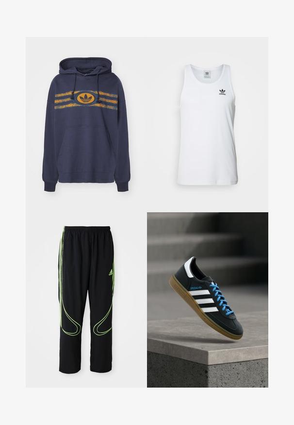Tummansininen huppari, joka on valmistettu puuvillasta ja jossa on kengurupocketti. Hupparissa on oranssit ja teal-väriset raidat sekä ovaali logo keskellä.; Valkoinen ribattupintainen tank top, jossa on pyöreä pääntie, musta Adidas-logo vasemmassa rinnassa ja ilman hihoja. Pehmeää puuvillamateriaalia, rento istuvuus.; Musta Adidas urheiluhousut neonvihreillä kaariviivoilla ja kolmella raidalla sivuilla, joustava vyötärönauha ja Adidas-logo etureidessä.; Musta Adidas-tennari valkoisilla raidoilla, sinisillä nauhoilla ja kumipohjalla kelluu pehmeässä valossa harmaan betonisen portaan yllä.