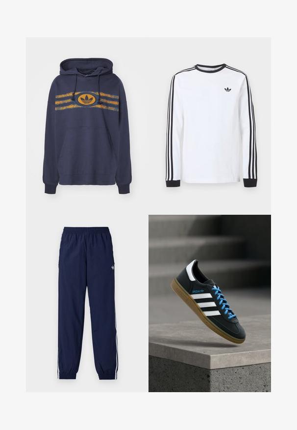 Námornícky modrá mikina s kapucňou vyrobená z bavlny, s klokankou, so striedajúcimi sa oranžovými a tyrkysovými pruhmi a oválnym logom v strede.; Biele tričko Adidas s dlhým rukávom, čiernym okrúhlym výstrihom, čiernymi manžetami, tromi čiernymi pruhmi na rukávoch a čiernym logom trefoil na hrudi.; Tmavomodré teplákové nohavice z ľahkej látky, s bielymi pruhmi po bokoch, elastickým pásom a malým logom.; Čierna teniska Adidas s bielymi pruhmi, modrými šnúrkami a gumovou podrážkou, ktorá sa vznáša nad sivým betónovým schodom v mäkkom svetle.