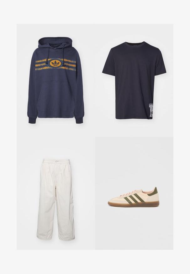 Dunkelblauer Hoodie aus Baumwolle mit einer Kängurutasche, versehen mit orangefarbenen und türkisfarbenen Streifen sowie einem ovalen Logo in der Mitte.; Schwarzes Baumwoll-T-Shirt mit Rundhalsausschnitt, kurzen Ärmeln und einem weißen Logopatch an der unteren Seite. Glatte Textur, normale Passform.; Weiße Baumwoll-Hosen mit weitem Bein und elastischem Bund, ausgestattet mit einem vorderen Knopfverschluss und seitlichen Taschen. Glatte Textur und minimalistisches Design.; Flacher, beigefarbener Adidas Spezial Sneaker mit grünen Streifen, Gummisohle und "SPEZIAL" Schriftzug an der Seite, von der Außenseite gezeigt.