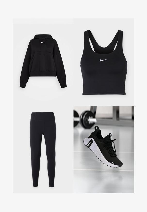 Must have must-haves: pehmeast kangast must lühike kapuutsiga pusa, millel on reguleeritav kapuuts, esine tasku ja väike valge Nike logo rinnal.; Must Nike spordirinnahoidja laiade rihmade ja ees keskelt valge Nike Swoosh logoga.; Mustad kõrge piha ja täispikkusega retuusid siledapinnalise viimistlusega, asetatud tasaselt valgele taustale, ilma nähtavate logode või mustriteta.; Must spordijalats, millel on tekstureeritud kangast pealmine osa, valge tallaga ja silmatorkava paelasüsteemiga. Omab Nike logo ning pehme ja polsterdatud disain.