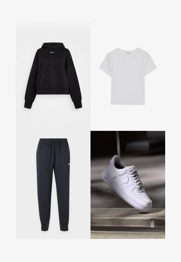Zwarte cropped hoodie van zachte stof, met een trekkoordcapuchon, een kangaroezak aan de voorkant en een klein wit Nike-logo op de borst.; Witte T-shirt met korte mouwen en V-hals, gemaakt van ribbelstof. Heeft een strakke ontwerp met een rechte zoom en minimale details.; Zwarte Nike sweatpants met elastische tailleband en trekkoord, taps toelopende pijpen, geribbelde enkels en een kleine witte Nike-swoosh op de rechterdij.; Witte Nike Air Force 1 sneaker die zweeft boven een betonnen oppervlak met schaduwen in een minimalistische setting.