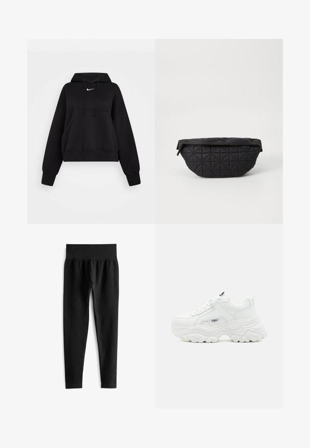 Čierna skrátená mikina vyrobená z mäkkej textílie, s kapucňou na šnúrku, prednou klokankou a malým bielym logom Nike na hrudi.; Čierne rebrované legíny so širokým elastickým pásom, ktoré majú priliehavý strih a hladkú textúru. Žiadny viditeľný hardvér ani vzory.; Biele chunky tenisky s hladkým koženým zvrškom, zaoblenou špičkou a hrubou textúrovanou podrážkou s viditeľným logom značky na boku.; Čierna prešívaná taška s mäkkou, vypolstrovanou textúrou a ostrým diamantovým vzorom, s zakriveným siluetom a zipsom.