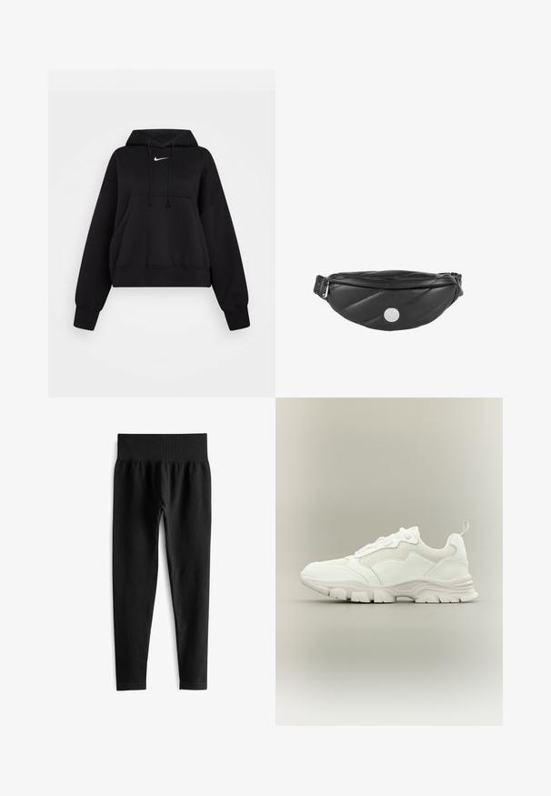 Zwarte cropped hoodie van zachte stof, met een trekkoordcapuchon, een kangaroezak aan de voorkant en een klein wit Nike-logo op de borst.; Zwarte geribde leggings met een brede elastische tailleband, met een aansluitende pasvorm en een gladde textuur. Geen zichtbare hardware of patronen.; Witte sportieve sneaker met mesh en leren bovenwerk, dikke zool en trekriem aan de hiel, getoond in zijaanzicht op een neutrale achtergrond.; Zwarte, gewatteerde leren heuptas met een gladde textuur, gebogen vorm en zilveren hardware. Voorzien van een logo-detail aan de voorkant.