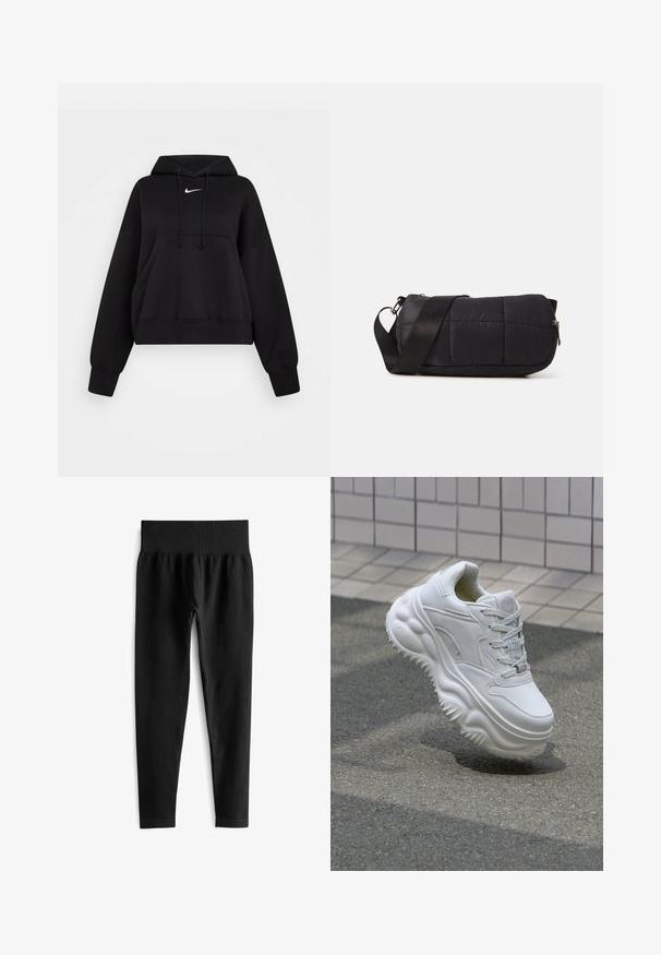 Sudadera corta negra hecha de tejido suave, con capucha ajustable, bolsillo canguro delantero y un pequeño logo blanco de Nike en el pecho.; Leggings negros acanalados con una amplia cinturilla elástica, que presentan una silueta ajustada y una textura suave. Sin hardware visible ni patrones.; Zapatilla blanca de cuero con suela gruesa, detalles texturizados y cierre con cordones. Presenta acentos moldeados y un acabado suave.; Bolsa acolchada negra con forma cilíndrica, hecha de material suave. Cuenta con una correa negra y accesorios de metal plateado. Cierre con cremallera.