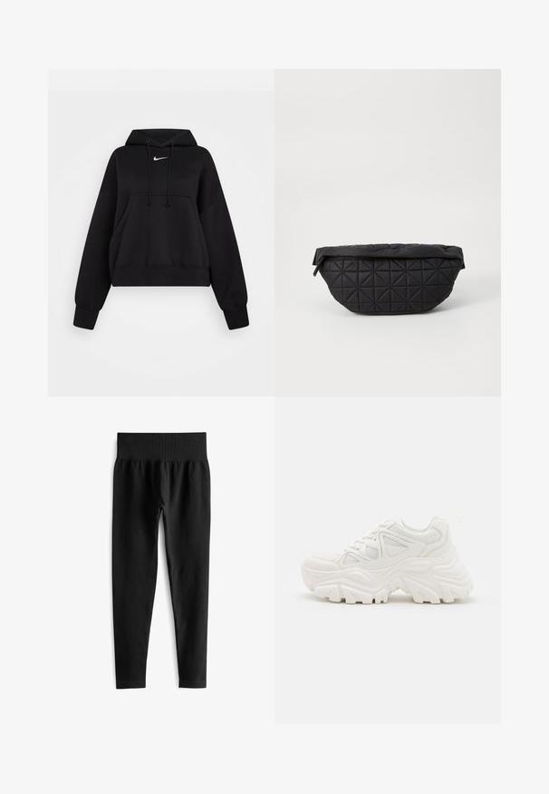 Must have must-haves: pehmeast kangast must lühike kapuutsiga pusa, millel on reguleeritav kapuuts, esine tasku ja väike valge Nike logo rinnal.; Mustad ribad leggingud laia elastse vööga, millel on liibuv siluett ja sile tekstuur. Ei ole nähtavaid riistu ega mustreid.; Valged jämedad sneakers, millel on tekstureeritud ülemine osa, võrgusilma paneelid ja paksud kummist tallad, millel on silmapaistev mustrimuster. Paelad ja tõmbeosa on kaasa arvatud.; Must mustriga kott, millel on pehme, pehmendatud tekstuur ja nurga kujuline teemantmuster, kumer siluett ja tõmblukuga sulgemine.