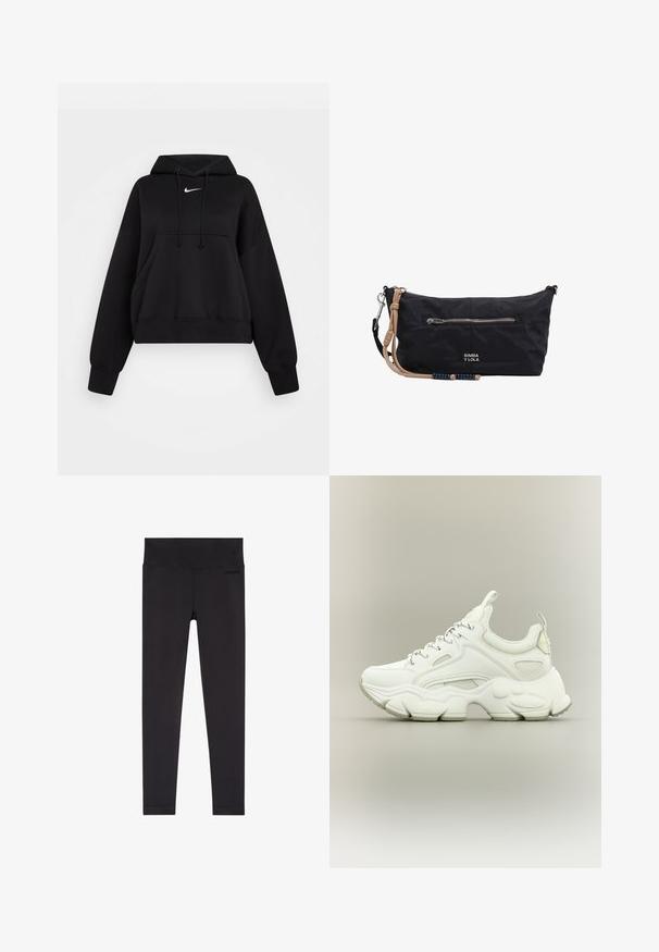 Čierna skrátená mikina vyrobená z mäkkej textílie, s kapucňou na šnúrku, prednou klokankou a malým bielym logom Nike na hrudi.; Čierne legíny s rebrovaným vzorom, širokým pásom a hladkou textúrou. Bez výrazných vzorov alebo kovových prvkov. Celotelová dĺžka.; Biele robustné tenisky s hrubou textúrovanou podrážkou, sieťovinovým a koženým zvrškom, zapínanie na šnúrky a pútka na jazyku a päte.; Čierna obdĺžniková náramková taška s predným vreckom na zips, béžový remienok s modrými korálkami a malým logom "BIMBA Y LOLA".