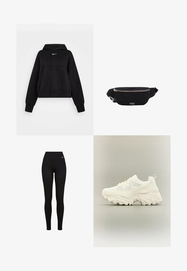 Čierna skrátená mikina vyrobená z mäkkej textílie, s kapucňou na šnúrku, prednou klokankou a malým bielym logom Nike na hrudi.; Čierne legíny s vysokým pásom, elastickou tkaninou, hladkou textúrou a priliehavým strihom, vhodné na bežné nosenie alebo športové aktivity.; Biele masívne tenisky s hrubou textúrovanou podrážkou, sieťovinovými panelmi, šnurovacím predkom a pútkom na päte na neutrálnom pozadí.; Čierna textilná ľadvinka so strieborným zipsom a nastaviteľným pásikom, s malým bielym logom „Bimba y Lola“ na prednej strane.
