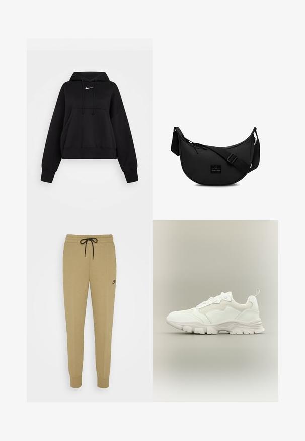 Čierna skrátená mikina vyrobená z mäkkej textílie, s kapucňou na šnúrku, prednou klokankou a malým bielym logom Nike na hrudi.; Nike Sportswear Tepláky - neutral olive/black; Biela atletická teniska s sieťovinovým a koženým zvrškom, hrubou podrážkou a ťahacou slučkou na päte, zobrazená v bočnom profile na neutrálnom pozadí.; Čierna crossbody taška vyrobená z odolnej textílie, s guľatým tvarom, nastaviteľným popruhom a logom na prednej strane.