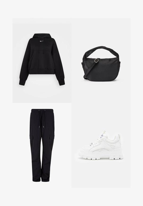 Čierna skrátená mikina vyrobená z mäkkej textílie, s kapucňou na šnúrku, prednou klokankou a malým bielym logom Nike na hrudi.; Čierne cargo nohavice vyrobené z mäkkej látky, s elastickým pásom a šnúrkami na stiahnutie, a bočnými vreckami. Strih s rovnými nohami.; Biele robustné tenisky s textúrovaným zvrškom, polstrovaným golierom a hrubou, ryhovanou podrážkou. Obsahuje kontrastné čierne šnúrky a detaily s logom.; Čierna látková taška na rameno s prekrútenou rukoväťou, odnímateľným popruhom a zipsom na vrchnom uzáveru. Hladký povrch a minimalistický dizajn.
