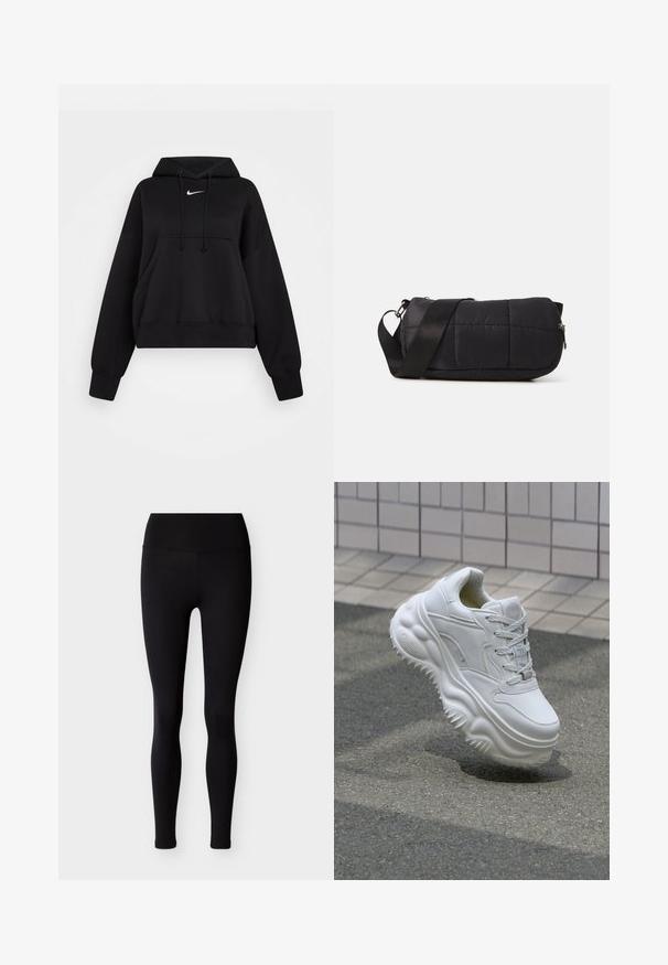 Čierna skrátená mikina vyrobená z mäkkej textílie, s kapucňou na šnúrku, prednou klokankou a malým bielym logom Nike na hrudi.; Čierne legíny z pružnej látky, s vysokým pásom a priliehavým strihom. Hladká textúra, bez vzorov alebo ozdôb.; Biele kožené tenisky s masívnou podrážkou, textúrovanými detailami a šnurovaním. Obsahujú tvarované akcenty a hladký povrch.; Čierna prešívaná taška cylindrického tvaru, vyrobená z mäkkého materiálu. Obsahuje čierny popruh a strieborné kovanie. S uzatváraním na zips.