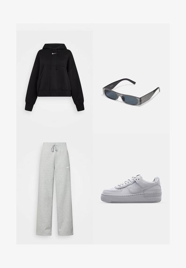 Čierna skrátená mikina vyrobená z mäkkej textílie, s kapucňou na šnúrku, prednou klokankou a malým bielym logom Nike na hrudi.; Šedé tepláky s elastickým pásom, detailom na šnúrku a malým bielym logom Nike na ľavom stehne. Mäkká tkanina, voľný strih.; Šedé tenisky Nike Air Force 1 s perforovanou špičkou, hladkým koženým zvrškom, hrubou podrážkou a embosovaným detailom 'AIR' na päte.; Čierne slnečné okuliare s šedými sklami, so sieťovým vzorom malých kovových kamienkov pozdĺž rámov. Hladký povrch, ostrý dizajn.