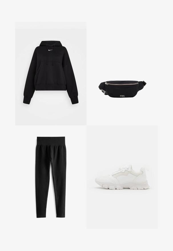 Must have must-haves: pehmeast kangast must lühike kapuutsiga pusa, millel on reguleeritav kapuuts, esine tasku ja väike valge Nike logo rinnal.; Mustad soonikud mustade soonikute ja laia elastse vöökohtaga. Kanga põhjalik struktuur on veniv ja tekstuuriga, lõpeb just üle pahkluu.; NA-KD CONTRAST SOLE TREKKING - Tossud - white; Mustast kangast vöökott hõbedase tõmblukuga ja reguleeritava rihmaga, mille esiküljel on väike valge "Bimba y Lola" logo.