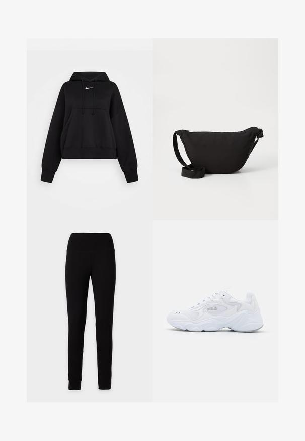Čierna skrátená mikina vyrobená z mäkkej textílie, s kapucňou na šnúrku, prednou klokankou a malým bielym logom Nike na hrudi.; Jednoduché čierne legíny s vysokým pásom, priliehavým strihom a dĺžkou po členky, zobrazené na neutrálnom pozadí.; Biele športové topánky s textúrovaným sieťovaným zvrškom, polstrovaným golierom a výraznou podrážkou. Obsahuje logo na boku a šnurovanie.; Čierna taška hobo vyrobená z mäkkej textílie, s hladkým zakriveným tvarom, so zipsovým uzáverom a širokým nastaviteľným popruhom. Hladká textúra bez vzorov.