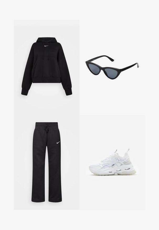 Čierna skrátená mikina vyrobená z mäkkej textílie, s kapucňou na šnúrku, prednou klokankou a malým bielym logom Nike na hrudi.; Čierne tepláky vyrobené z bavlnenej zmesi, s elastickým pásom na šnúrku, rovnými nohavicami a bielym logom Nike na ľavej strane.; Biele tenisky s masívnou podrážkou, vrstveným sieťovinovým a syntetickým zvrškom, s vzorovanými akcentmi, systémom šnurovania a poutkom.; Čierne slnečné okuliare v štýle mačacích očí s tmavošedými sklami, elegantným plastovým rámom, špicatými rohmi a rovnými stranami. Bez viditeľného hardvéru alebo akcentov.