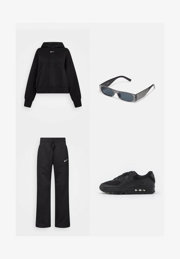 Sort cropped hoodie lavet af blødt stof, med hætte med snor, frontlomme til hænderne og et lille hvidt Nike-logo på brystet.; Sorte sweatpants lavet af en bomuldsblanding, med en snøre i taljen, lige ben og et hvidt Nike-logo på venstre side.; Sort atletisk sneakers med en glat læder- og mesh-overdel, rund tå, teksturerede detaljer og en synlig luftenhed i sålen.; Sorte solbriller med grå linser, der har et gittermønster af små metalliske rhinsten langs stellet. Glat overflade, kantede design.