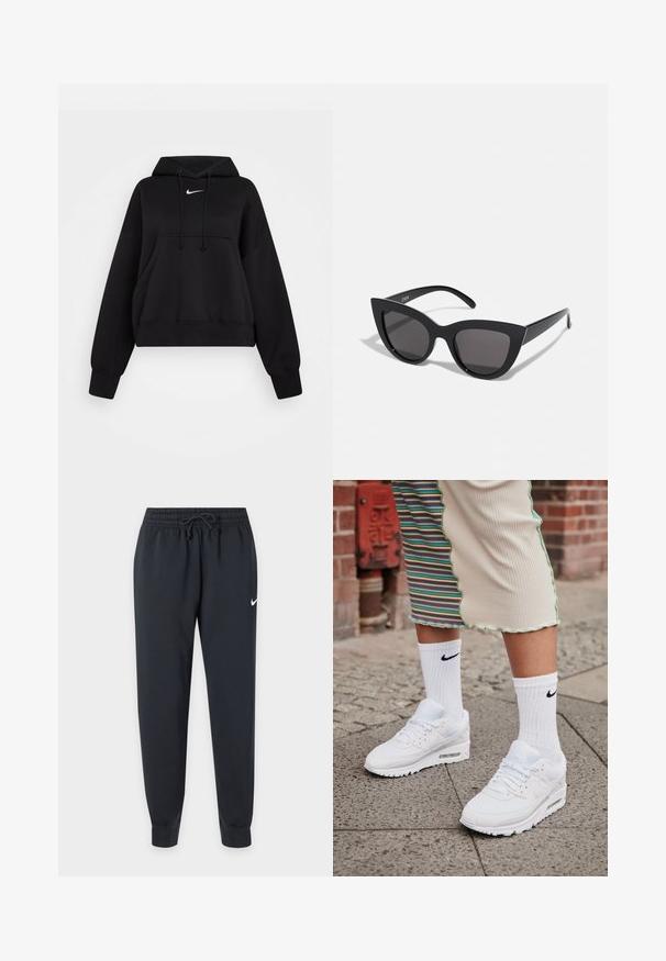 Čierna skrátená mikina vyrobená z mäkkej textílie, s kapucňou na šnúrku, prednou klokankou a malým bielym logom Nike na hrudi.; Čierne tepláky Nike s elastickým pásom a šnúrkou, zúžené nohavice, lemovanie na členkoch a malý biely Nike znak na pravom stehne.; Biele tenisky Nike Air Max 90 s vrchnou časťou z kombinácie sieťovaného a koženého materiálu, s viditeľnou vzduchovou jednotkou, v kombinácii s bielymi rebrovanými ponožkami s čiernym logom.; Čierne slnečné okuliare v štýle mačacích očí s matným povrchom, so šedými tónovanými sklami, ostrými hranami a elegantnými bokovými ramenami. Názov značky je viditeľný na vnútornom ramene.