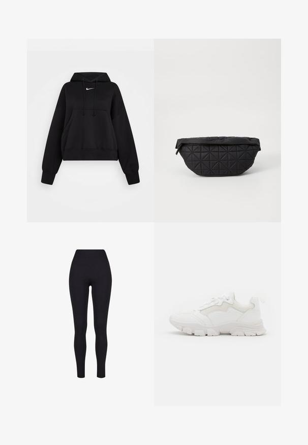 Čierna skrátená mikina vyrobená z mäkkej textílie, s kapucňou na šnúrku, prednou klokankou a malým bielym logom Nike na hrudi.; Čierne legíny s vysokým pásom, vyrobené z elastickej látky, s hladkou textúrou a priliehavým dizajnom bez viditeľných švov alebo vzorov.; NA-KD CONTRAST SOLE TREKKING - Tenisky - white; Čierna prešívaná taška s mäkkou, vypolstrovanou textúrou a ostrým diamantovým vzorom, s zakriveným siluetom a zipsom.