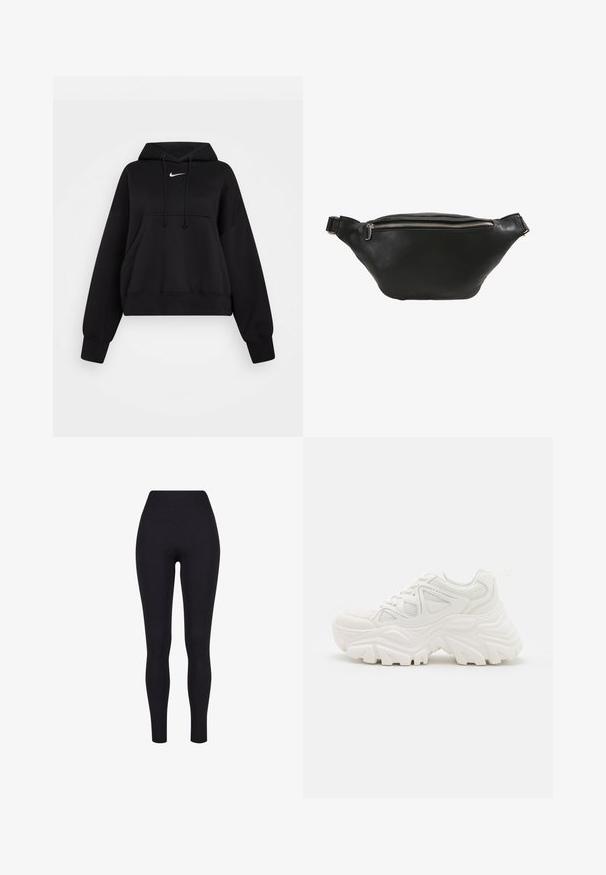 Čierna skrátená mikina vyrobená z mäkkej textílie, s kapucňou na šnúrku, prednou klokankou a malým bielym logom Nike na hrudi.; Čierne legíny s vysokým pásom, vyrobené z elastickej látky, s hladkou textúrou a priliehavým dizajnom bez viditeľných švov alebo vzorov.; Biele robustné tenisky s textúrovaným zvrškom, sieťovinovými panelmi a hrubými gumovými podrážkami s výrazným vzorom. Šnúrky a pútko na vytiahnutie sú súčasťou.; Čierna kožená ledvinka s hladkou textúrou, zakriveným tvarom a strieborným zipsom. Obsahuje jeden nastaviteľný popruh.