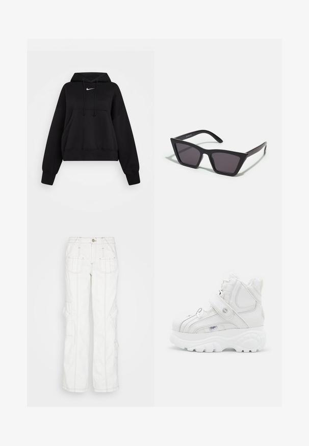 Hoodie noir court en tissu doux, avec une capuche à cordon, poche kangourou avant et un petit logo Nike blanc sur la poitrine.; BDG Urban Outfitters Jean boyfriend - white; Baskets montantes blanches en cuir, dotées d'une sangle à boucle, d'un bout rond, d'une semelle épaisse et de détails de couture verticaux.; Lunettes noires angulaires avec des verres gris ; fabriquées en plastique, avec des branches épaisses à la surface lisse et sans matériel visible.