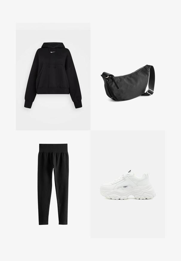 Must have must-haves: pehmeast kangast must lühike kapuutsiga pusa, millel on reguleeritav kapuuts, esine tasku ja väike valge Nike logo rinnal.; Mustad soonikkud kõrge vöökohaga retuusid laia elastse vöökohaga, täispikkuses kitsas lõige, ilma nähtavate logode või mustriteta.; Valged paksud tossud, millel on sile nahkpealne, ümar varvas ja paks struktureeritud tallaosa, millel on külgedel nähtav brändi logo.; Must have mustratsiooniga must riidenagija, millel on kõver kuju, lukuga sulgus ja reguleeritav rihm. Omab sujuvat tekstuuri ja minimalistlikku disaini.
