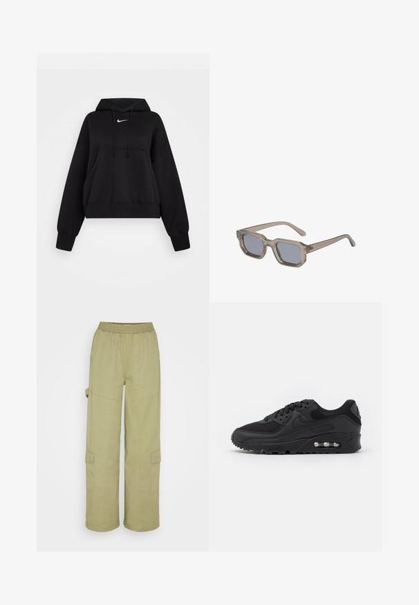 Sort cropped hoodie lavet af blødt stof, med hætte med snor, frontlomme til hænderne og et lille hvidt Nike-logo på brystet.; Cotton On QUINN PANT - Cargobukser - moss green; Sort atletisk sneakers med en glat læder- og mesh-overdel, rund tå, teksturerede detaljer og en synlig luftenhed i sålen.; Hexagonale solbriller med gennemsigtige grå stel og lyseblå linser. Designet har en kraftig bro og forlængerede stænger.