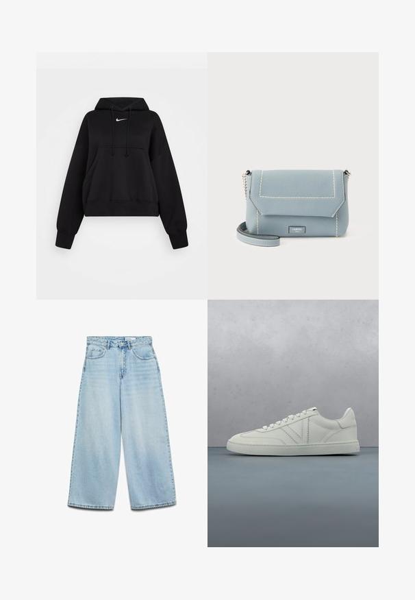 Čierna skrátená mikina vyrobená z mäkkej textílie, s kapucňou na šnúrku, prednou klokankou a malým bielym logom Nike na hrudi.; Svetlomodré džíny so širokými nohavicami a vysokým pásom, vyrobené z denimu. Majú zapínanie na gombíky, päť vreciek a rovný lem.; Biely kožený teniska s šnúrkami vznášajúca sa nad dreveným blokom a kamienkovým vonkajším povrchom, na pozadí rozmazaná zelená rastlina a kameň.; Svetlomodrá kožená crossbody kabelka s bielym prešitím, strieborným reťazovým popruhom a štítkom Lancel Paris na prednej chlopni.