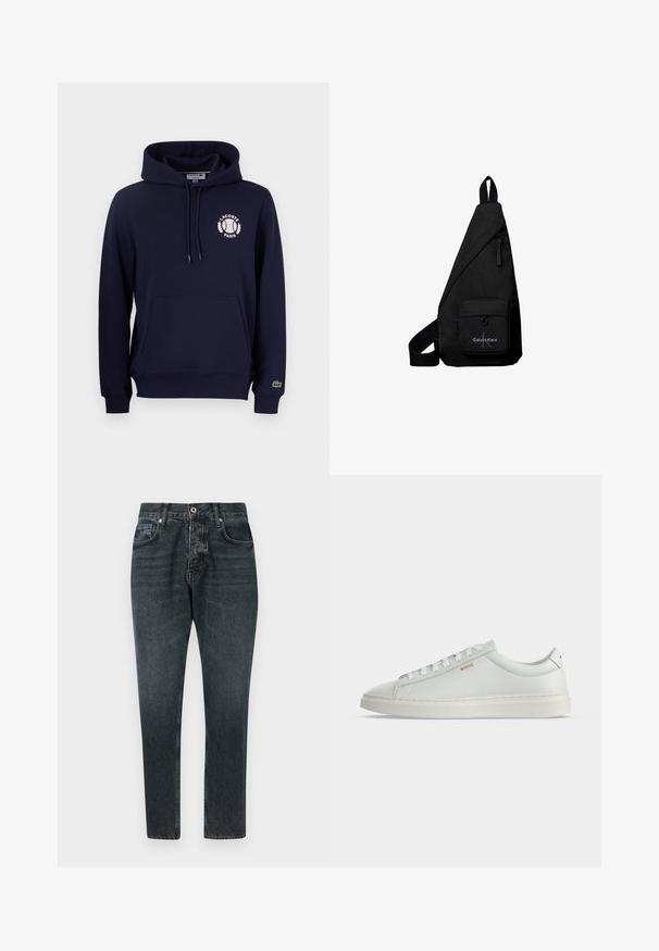 Tmavomodrá mikina vyrobená z bavlnenej zmesi, so prednou klokanou kapsou, kapucňou na šnúrku a bielym logom Lacoste s tenisovým motívom.; Tmavo šedé džínsy s rovnými nohavicami, piatimi vreckami, zapínaním na gombík a jemným vyblednutím. Vyrobené z bavlny s hladkou textúrou.; Biela nízka kožená teniska s šnúrkami, plochou podrážkou a malým zlatým logom "BOSS" na boku, z pohľadu zvonka.; Čierna trojuholníková crossbody taška s vreckom na prednej strane so zipsom s logom Calvin Klein a nastaviteľným popruhom.