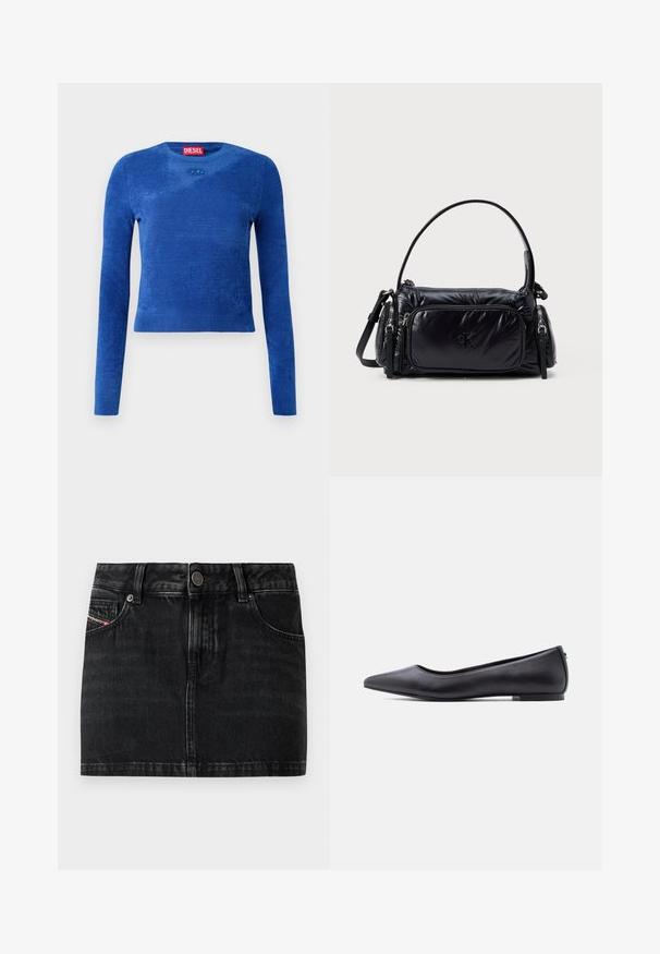 Blå langærmet cropped sweater med rund hals, subtil tekstur og lille oval logoemblem under halsudskæringen.; Sort denim mininederdel med knapper foran, bæltestropper, to forlommer og et lille mærkelabel på højre lomme.; Sort flad lædersko med spidst tåparti og lav hæl, vist i sideprofil mod en hvid baggrund.; Sort nylon håndtaske med et puffet design, rund skulderrem, frontlomme med lynlås og et subtilt logo prentet på forsiden.
