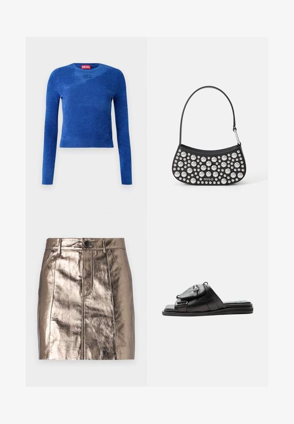 Blauwe cropped trui met lange mouwen en ronde hals, subtiele textuur en klein ovaal logo-embleem onder de halslijn.; Metaalachtige bronzen denim mini-jurk met een rechte snit, voorzakken en een tailleband met knoopsluiting. Glad en glanzend textuur.; Zwarte leren slippers met gevoerde zool en vooraan ritsvak detail op het bandje.; Zwarte leren handtas met een gebogen vorm, voorzien van zilveren studs in verschillende maten en een korte schouderband. "HUGO" logo gedrukt aan de voorkant.