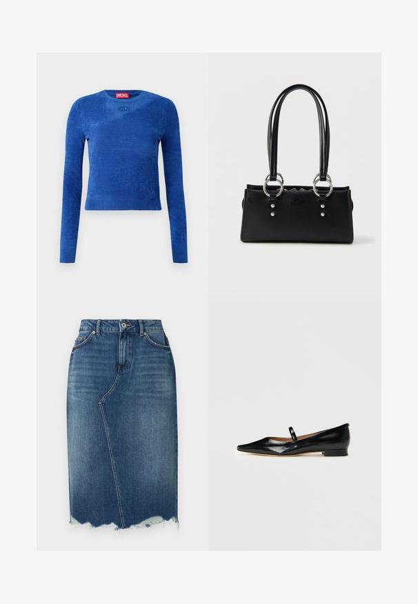 Blå langærmet cropped sweater med rund hals, subtil tekstur og lille oval logoemblem under halsudskæringen.; Blå denim blyantskørt med asymmetrisk forreste søm, frynset kant, bæltestropper og forlommer.; Sorte patenterede læder Mary Jane flade sko med spids tå, én rem og lav hæl på ensfarvet baggrund.; Sort rektangulær håndtaske med dobbelthåndtag, sølvfarvede ringe som hardware og subtil præget logo foran mod en hvid baggrund.