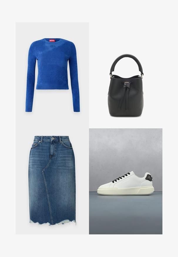 Blauwe cropped trui met lange mouwen en ronde hals, subtiele textuur en klein ovaal logo-embleem onder de halslijn.; Blauwe denim kokerrok met asymmetrische voornaad, rafelige zoom, riemlussen en voorzakken.; Witte sneaker met zwarte veters en hieldetail zwevend boven een houten blokoppervlak buitenshuis nabij groen loof en een betonnen muur.; Zwarte leren bucketbag met een gestructureerd oppervlak, een afgeronde handgreep, trekkoordsluiting en een gouden logodetail aan de voorkant.