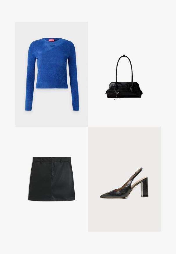 Blauwe cropped trui met lange mouwen en ronde hals, subtiele textuur en klein ovaal logo-embleem onder de halslijn.; Zwarte leren mini-rok met een aansluitend ontwerp, voorzien van een rits aan de voorkant, riemlussen en nette stiksels. Soepele textuur met een strakke afwerking.; Zwarte leren slingback schoen met spits toelopend neusje, hoge blokhak en beige binnenvoering tegen een effen lichte achtergrond.; Zwarte schoudertas van leer met krokodillenstructuur, lange banden en een klein zilveren logohanger aan één band.