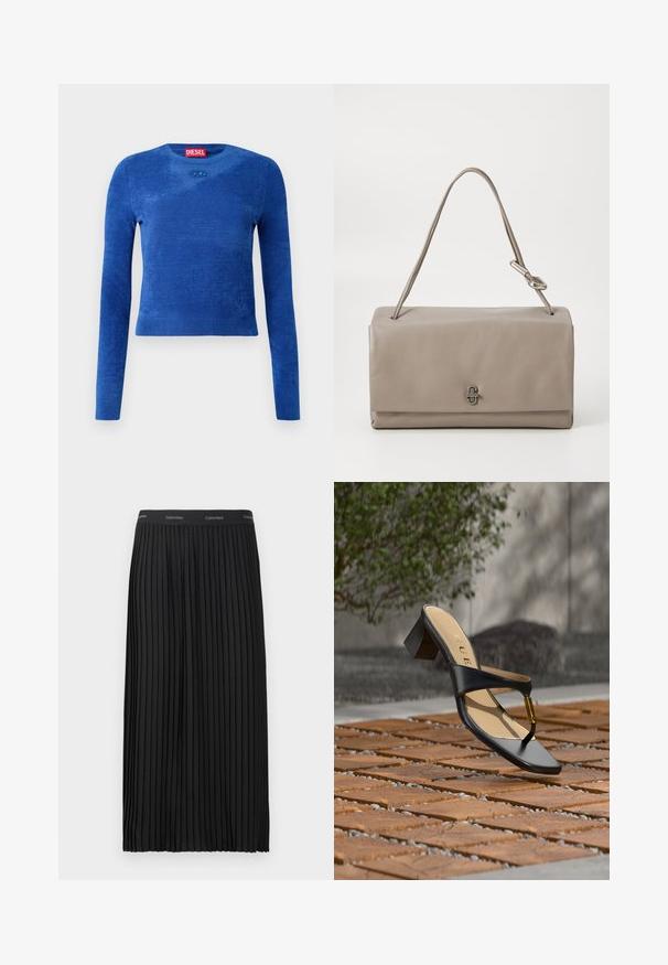 Blå langærmet cropped sweater med rund hals, subtil tekstur og lille oval logoemblem under halsudskæringen.; Sort plisset midi-nederdel med elastisk talje, der har et gentagende Calvin Klein-logo i hvid.; Sort hælsandal med tå-loop og gyldent accent, placeret på en træ- og stenbelagt overflade udendørs nær grønne områder.; Grå lædertaske med rektangulær form, en enkelt skulderrem og en sølvfarvet lukning foran. Glat tekstur med minimale detaljer.