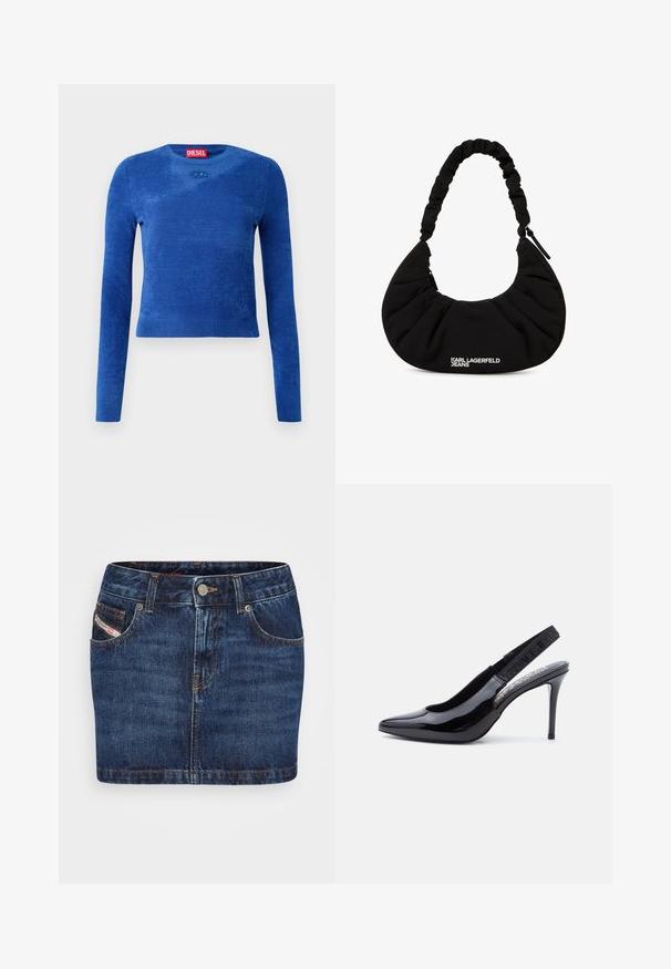 Blå langærmet cropped sweater med rund hals, subtil tekstur og lille oval logoemblem under halsudskæringen.; Denim nederdel i mørkeblå med en tætsiddende design, fem lommer og orange syninger. Har en metalknaplukning i taljen.; Sort laksko med remme og høj hæl, spids tå og elastisk rem med logo på lys baggrund.; Sort halvmåneformet håndtaske med rynket skulderrem og "KARL LAGERFELD JEANS"-logo i hvid på forsiden.