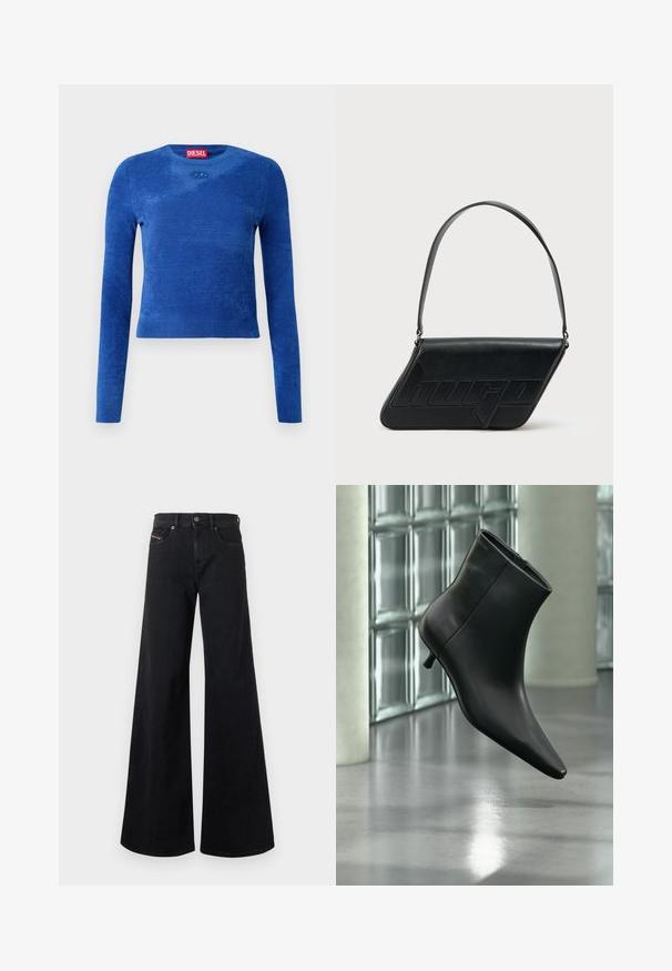 Blauwe cropped trui met lange mouwen en ronde hals, subtiele textuur en klein ovaal logo-embleem onder de halslijn.; Zwarte jeans met wijde pijpen gemaakt van denim, voorzien van een hoge taille, knoopsluiting, voorzakken en minimale stikseldetails.; Zwarte leren enkellaars met spits toelopende neus en lage kittenhak, schuin weergegeven tegen een gepolijste vloer en een glazen blokken muur als achtergrond.; Zwarte leren schoudertas met een driehoekige vorm, geperst logo en een enkele verstelbare riem. Minimalistisch ontwerp met een gladde textuur.