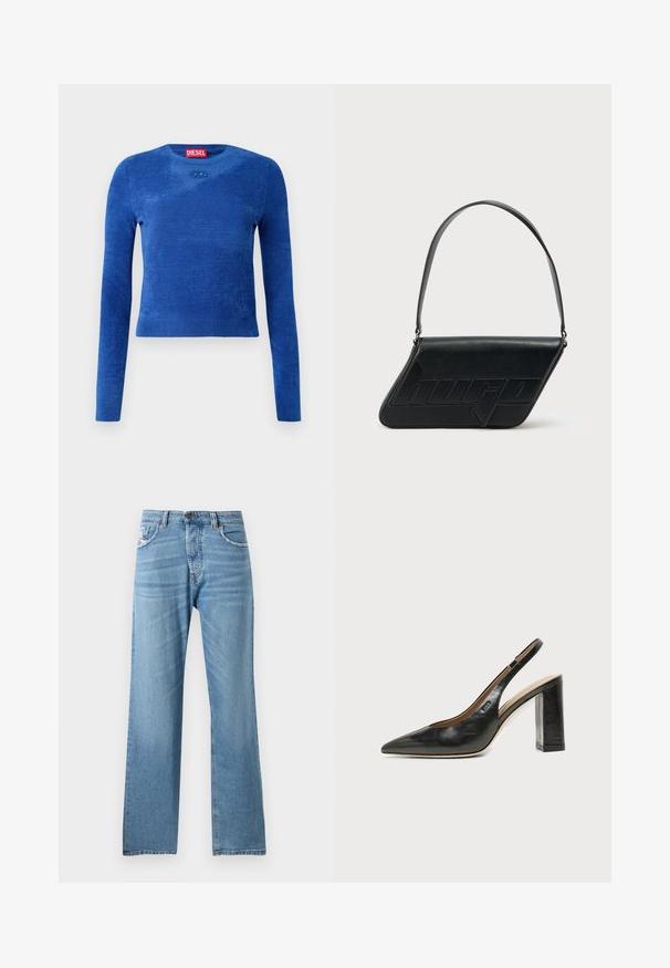 Blå langærmet cropped sweater med rund hals, subtil tekstur og lille oval logoemblem under halsudskæringen.; Lyseblå denimjeans med lige ben-design, der har en standard talje, fem lommer og subtilt slid på stoffet.; Sort læder peep-toe slingback sko med høj blokhæl og beige indvendig foring mod en ensfarvet lys baggrund.; Sort skuldertaske i læder med trekantet form, præget logo og en enkelt justerbar rem. Minimalistisk design med glat tekstur.