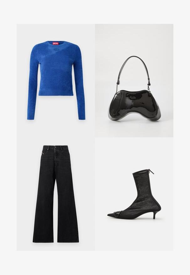 Blå langærmet cropped sweater med rund hals, subtil tekstur og lille oval logoemblem under halsudskæringen.; Sorte jeans med vide ben, lavet af denim, med høj talje, fem-lommer design og subtile syninger på forsiden.; Sorte mesh ankelstøvler med spidse tæer, lynlås og en lille hæl. Har en dekorativ spændeaccent nær tåområdet.; Sort patentlæder håndtaske med en unik buet form, kort justerbar hank og en lynlåslukning i toppen. Glat tekstur med diskret branding.