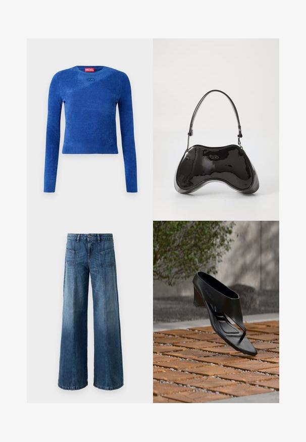 Blå langærmet cropped sweater med rund hals, subtil tekstur og lille oval logoemblem under halsudskæringen.; Videbenet jeans i en falmet blå denim. Har fem lommer, en knap- og lynlås-lukning, synlige syninger og en løs pasform.; Sort højhælet sandal med thongsrem, svævende over et mønstret træ- og grusbelagt udendørsareal med sløret grønt område og væg i baggrunden.; Sort patentlæder håndtaske med en unik buet form, kort justerbar hank og en lynlåslukning i toppen. Glat tekstur med diskret branding.
