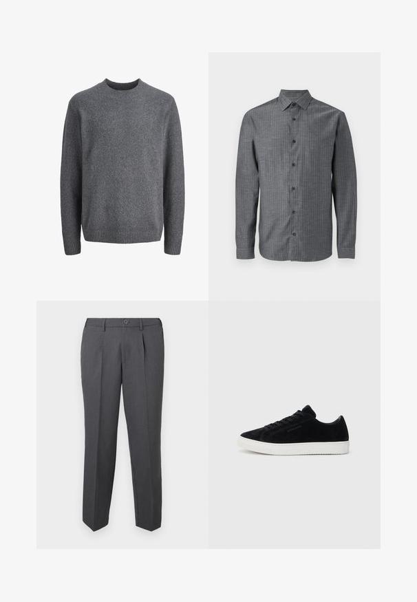 Mørkegrå crewneck uldtrøje med lange ærmer og ribbet kant ved manchetter, halsudskæring og skørt.; Grå skjorte med knapper lavet af tekstureret stof, der har krave, lange ærmer og en hel knaplukning med mørke knapper.; Mørkegrå formelle bukser med læg, bæltestropper, knaplukning og lige ben vist mod en ensfarvet hvid baggrund.; Sorte suede sneakers med lav-top design, rund tå og hvid gummisål. Har sorte snørebånd og minimal branding på siden.