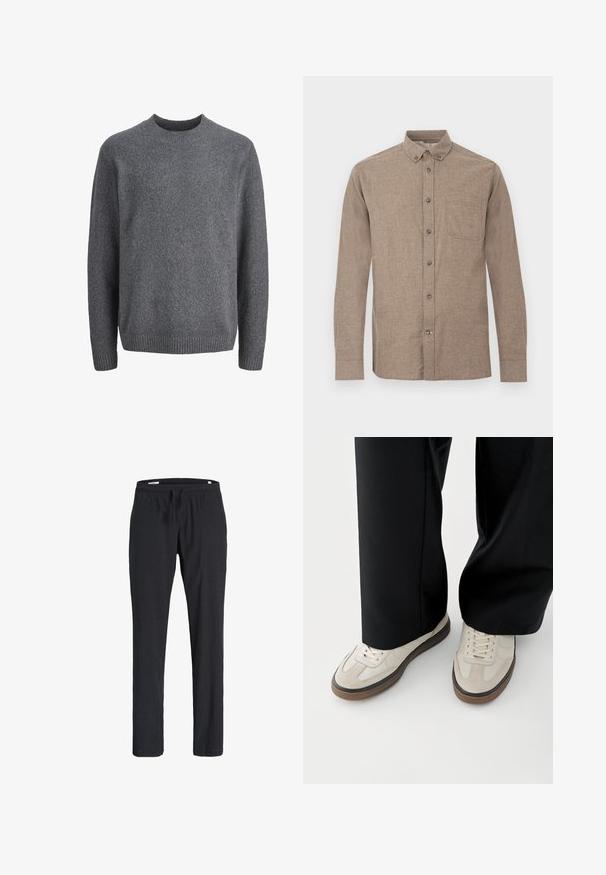 Mørkegrå crewneck uldtrøje med lange ærmer og ribbet kant ved manchetter, halsudskæring og skørt.; Brun langærmet skjorte lavet af tekstureret stof, med en knappet krave, en frontlomme og fem knapper ned langs klapstykke.; Sorte afslappede bukser med elastisk linning og snøre, lige ben pasform, lavet af blødt stof, vist på en hvid baggrund.; Fødder iført beige sneakers med brune såler og sorte bukser med vide ben på hvid baggrund.