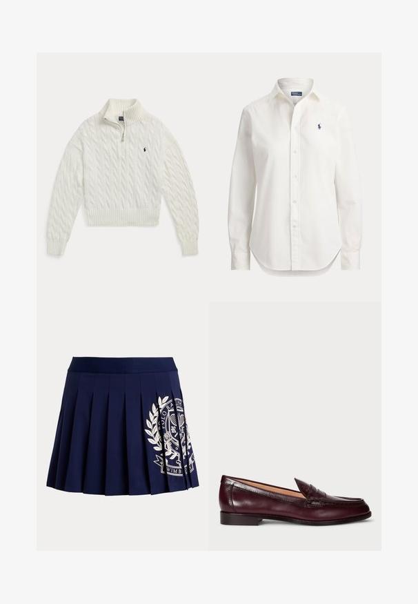 Jersey blanco de punto trenzado con cremallera hasta la mitad, con cuello, puños y bajo acanalados, con un pequeño logo bordado de un caballo oscuro en el pecho.; Camisa blanca de manga larga con botones, cuello y pequeño logo azul de jugador de polo en el pecho izquierdo.; Falda plisada azul marino con cinturilla ancha y logotipo blanco con escudo temático de tenis en el lado inferior derecho.; Mocasines de cuero burdeos con un acabado suave, punta redondeada, costuras decorativas y un tacón bajo. El interior tiene un suave forro beige.