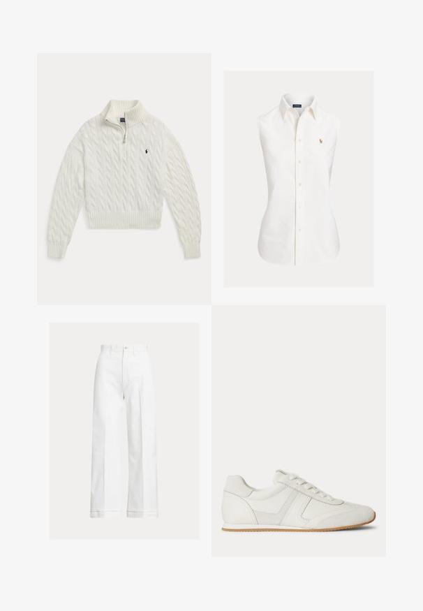 Witte kabelgebreide trui met halve ritssluiting, geribde kraag, manchetten en zoom, met een klein donker geborduurd paardenlogo op de borst.; Witte mouwloze katoenen blouse met een puntige kraag, knoopsluiting aan de voorkant en een klein geborduurd logo aan de linkerkant.; Witte wijde broek van katoen, met een hoge taille, knoopsluiting en subtiele plooi lijnen aan de voorkant.; Witte lage sneaker met veters aan de voorkant, suède en leren panelen, en een lichtbruine rubberen zool op een witte achtergrond.