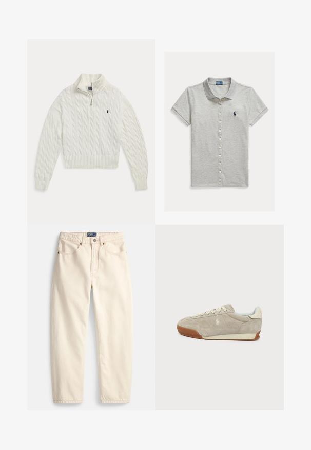 Jersey blanco de punto trenzado con cremallera hasta la mitad, con cuello, puños y bajo acanalados, con un pequeño logo bordado de un caballo oscuro en el pecho.; Polo de manga corta de color gris claro con botones, cuello y logo bordado en azul oscuro de Polo Ralph Lauren en el pecho izquierdo.; Vaqueros color crema hechos de mezclilla, con un diseño de pierna recta, bolsillos delanteros y detalles de costura superior. Cierre con botón metálico y cremallera.; Zapatilla baja de ante beige con cordones blancos, suela de goma marrón y un pequeño logo bordado en el lateral.