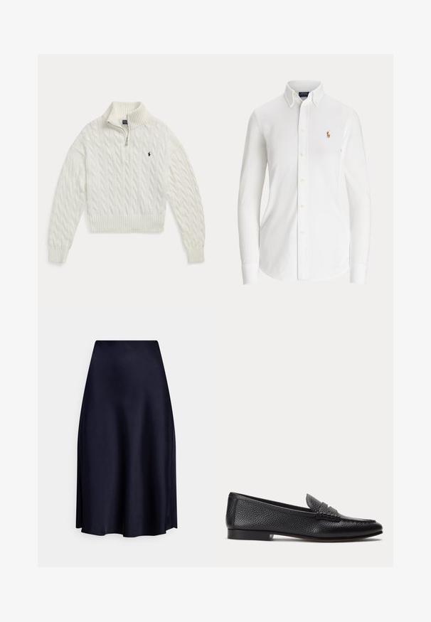 Witte kabelgebreide trui met halve ritssluiting, geribde kraag, manchetten en zoom, met een klein donker geborduurd paardenlogo op de borst.; Witte blouse met lange mouwen, knopen, een button-down kraag en een klein geborduurd logo van een polo-speler op de borst.; Marineblauwe midi-rok van satijn met een gladde textuur, een uitlopende pasvorm en een aansluitende tailleband, met een strakke en minimalistische stijl.; Zwarte, getextureerde leren loafer met lage hak en klassieke pennyband-detail, zijaanzicht op een eenvoudige lichte achtergrond.