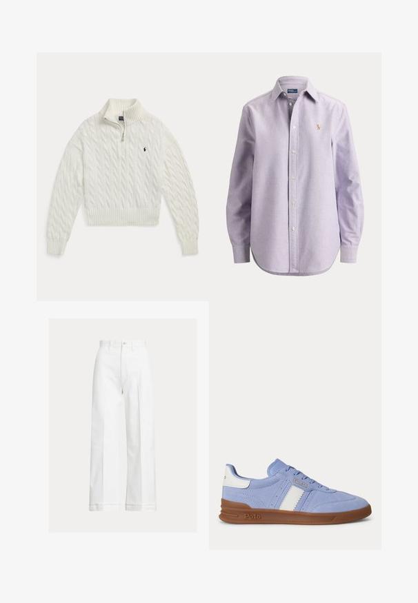 Witte kabelgebreide trui met halve ritssluiting, geribde kraag, manchetten en zoom, met een klein donker geborduurd paardenlogo op de borst.; Lichtpaarse blouse met lange mouwen, knopen en kraag, met een klein geborduurd logo op de linkerkant van de borst, afgebeeld tegen een effen achtergrond.; Witte wijde broek van katoen, met een hoge taille, knoopsluiting en subtiele plooi lijnen aan de voorkant.; Lichtblauwe sneaker met witte zijstreep, bruine zool en Polo-logo in reliëf op de zijkant en hieltab.