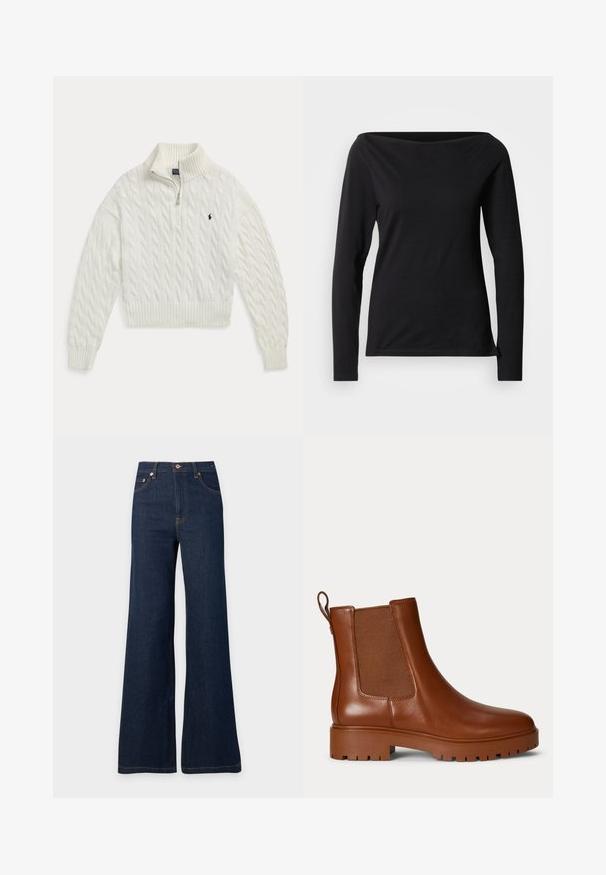 Hvid kabelstrikket sweater med halv lynlås, ribkrave, manchetter og kant, med en lille mørk broderet hestelogo på brystet.; Sort langærmet top med en bred bådudskæring, lavet af glat, strækbart stof, med en tætsiddende pasform og minimalistisk design.; Mørkeblå denimjeans med høj talje, brede ben, frontknap og lommer, vist på en ensfarvet lys baggrund.; Brun læder Chelsea-støvle med elastisk sidepanel, trækstrop ved hælen og kraftig udvendig sål.