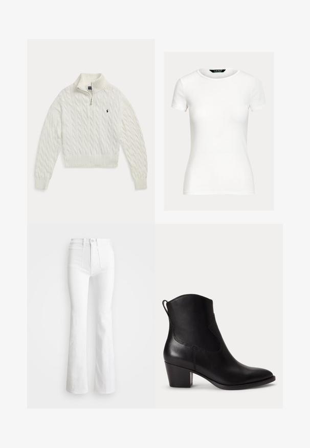 Hvid kabelstrikket sweater med halv lynlås, ribkrave, manchetter og kant, med en lille mørk broderet hestelogo på brystet.; Simpel hvid tætsiddende T-shirt med korte ærmer og rund halsudskæring samt Lauren Ralph Lauren-mærkat inde i kraven.; Hvide flared jeans med høj talje, lavet af denim. Har to frontlommer og slidser i bunden. Rent design uden synlige detaljer.; Sort læder ankelstøvle med lav blokhæle, rundet tå og trækstrop bagpå mod en ens hvid baggrund.