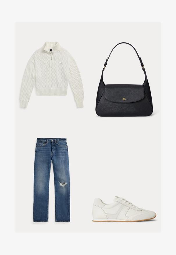 Hvid kabelstrikket sweater med halv lynlås, ribkrave, manchetter og kant, med en lille mørk broderet hestelogo på brystet.; Blå denim jeans med medium talje, fem lommer og et hullet slid på højre knæ.; Hvid lavtop sneaker med snørelukning foran, ruskind- og læderpaneler og en lysebrun gummisål på en hvid baggrund.; Sort tekstureret læder skuldertaske med en buet klap og guld "RL" logo foran, med en justerbar rem med guldfarvet hardware.